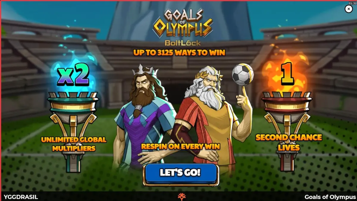 Zeus e elementos de futebol em um grid de slot 5x5