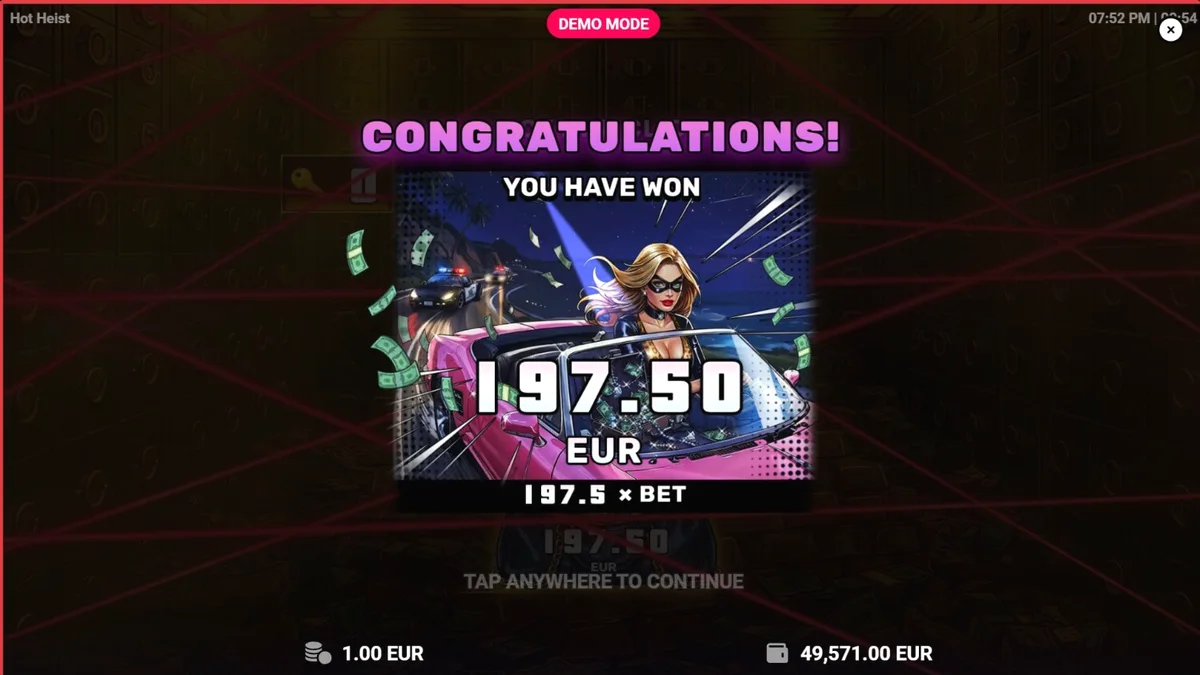 Interface neon do slot Hot Heist com elementos de crime e espionagem